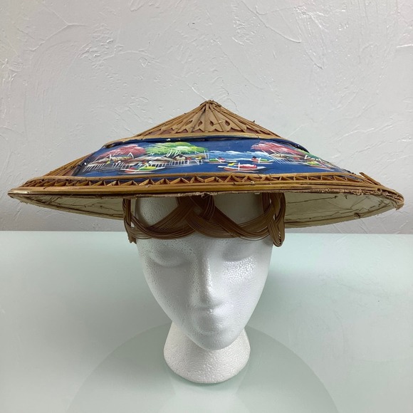 VTG Asian Wicker Bamboo Hat hand painted Gardening Beach Field Handmade SZ OSFM main image 6